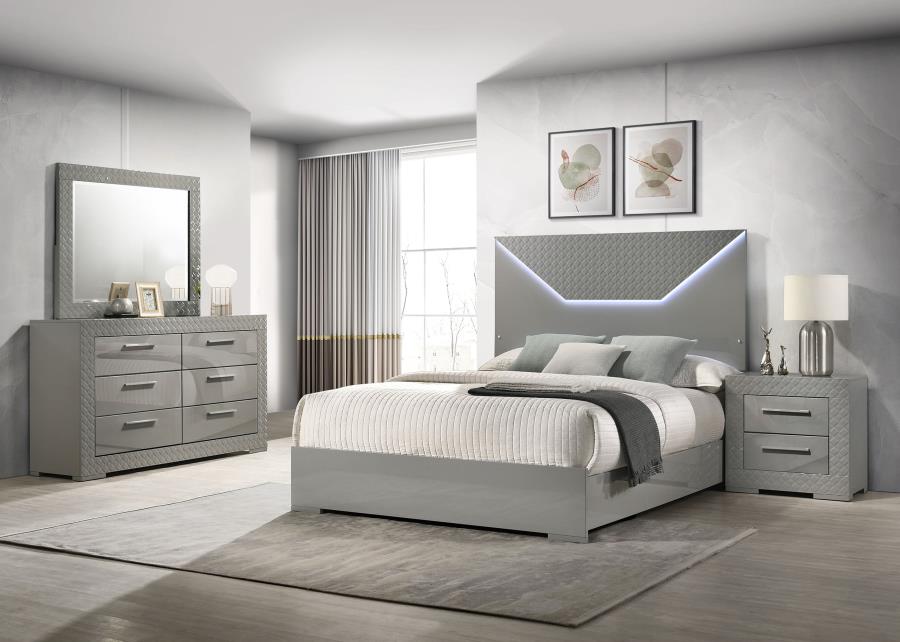 Ives 4-piece Queen Bedroom Set Grey High Gloss LED lights