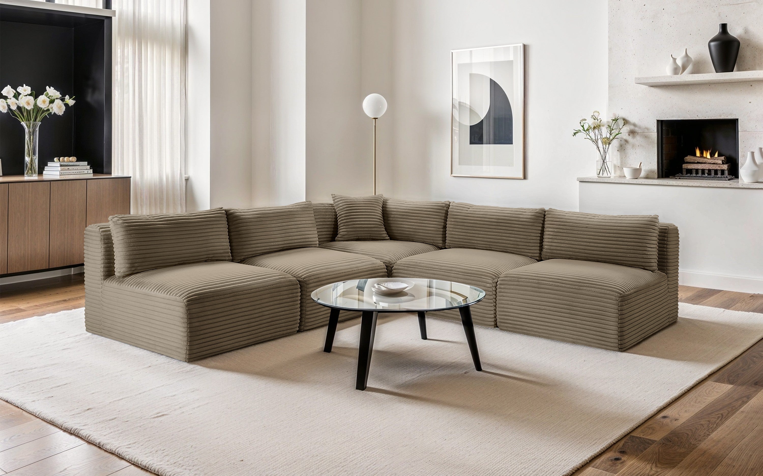 Taupe Shaggy 101" Corduroy Performance Fabric Upholstered Upholstered Modular Sectional