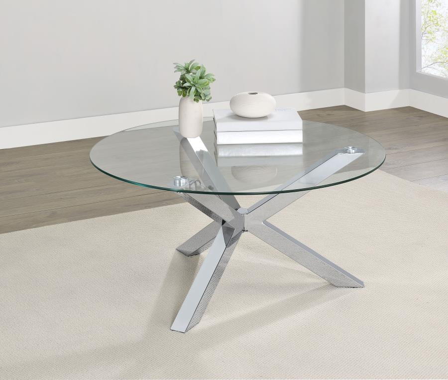 KENZIE ROUND TEMPERED GLASS TOP COCKTAIL COFFEE TABLE CHROME