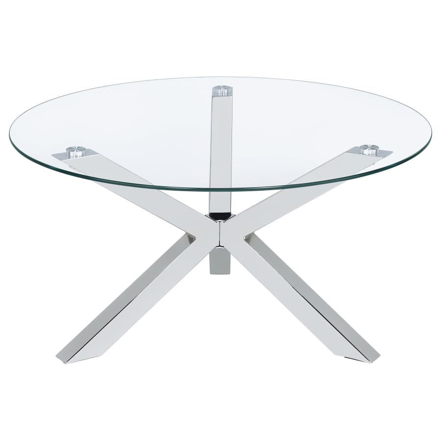 KENZIE ROUND TEMPERED GLASS TOP COCKTAIL COFFEE TABLE CHROME