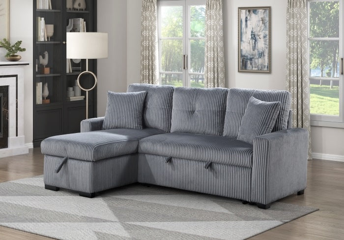 Rhett dark gray corduroy fabric sectional sofa reversible storage chaise