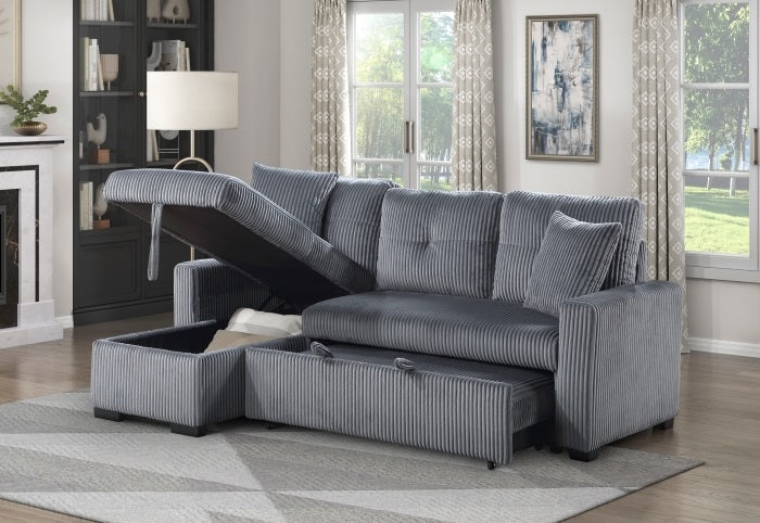 Rhett dark gray corduroy fabric sectional sofa reversible storage chaise