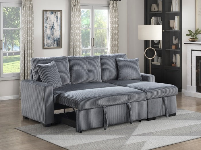 Rhett dark gray corduroy fabric sectional sofa reversible storage chaise