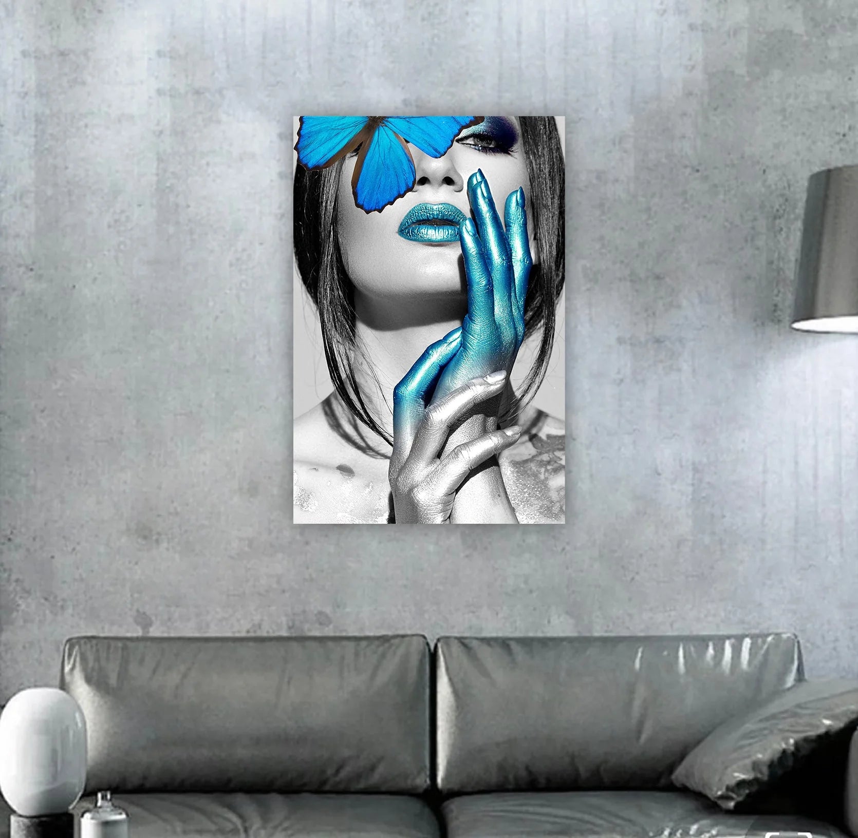 Blue Butterfly on Woman Glass Wall Art 48"x32"